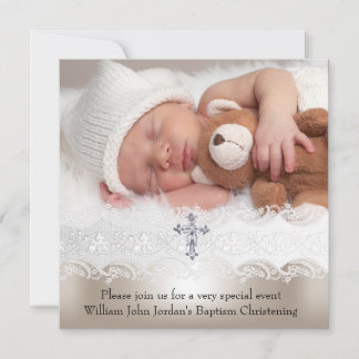 Foto Taufe White Beige Cross Baby Girl Boy Einladung