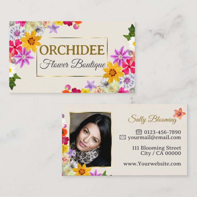 Foto Template Elegante Wildblumen Gold Creme Chic Visitenkarte (Vorne/Hinten)
