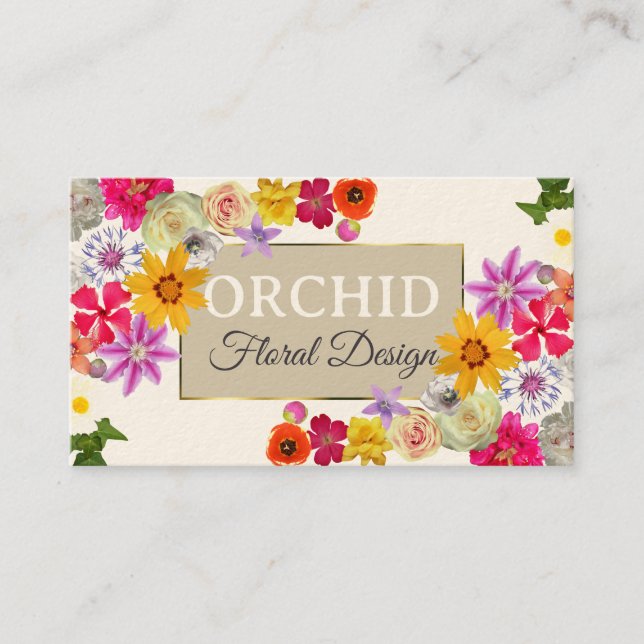 Foto Template Elegante Wildblumen Gold Creme Visitenkarte (Vorderseite)
