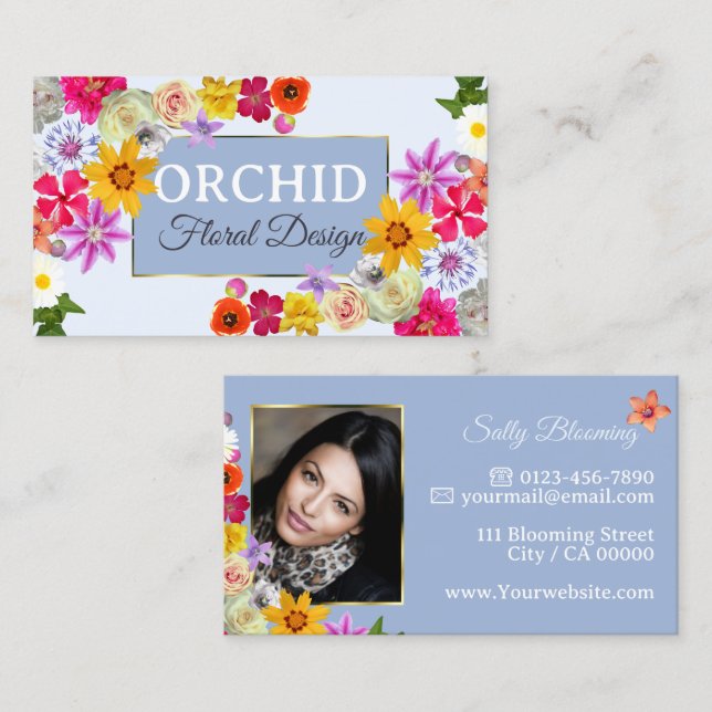 Foto Template Elegante Wildblumen Gold Light Blue Visitenkarte (Vorne/Hinten)