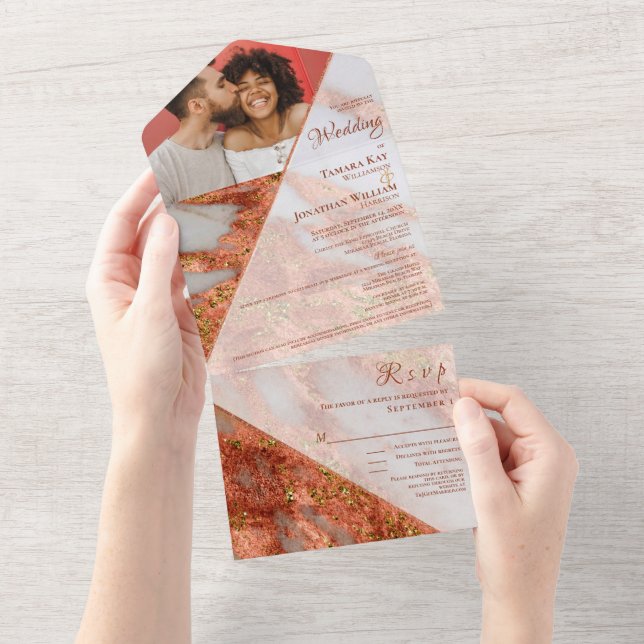 Foto Terracotta Kupfer Marmor Geometrisches Elegan All In One Einladung (Abreißen)