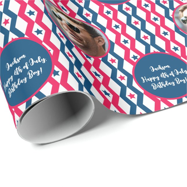 Foto Text Red Blue White 4. Juli Diamond Geschenkpapier (Rolleneckpunkt)