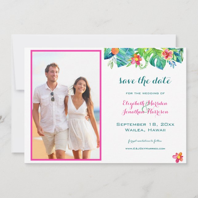 Foto Tropical Beach Berry Pink Aquamarin Blue Flor Save The Date (Vorderseite)