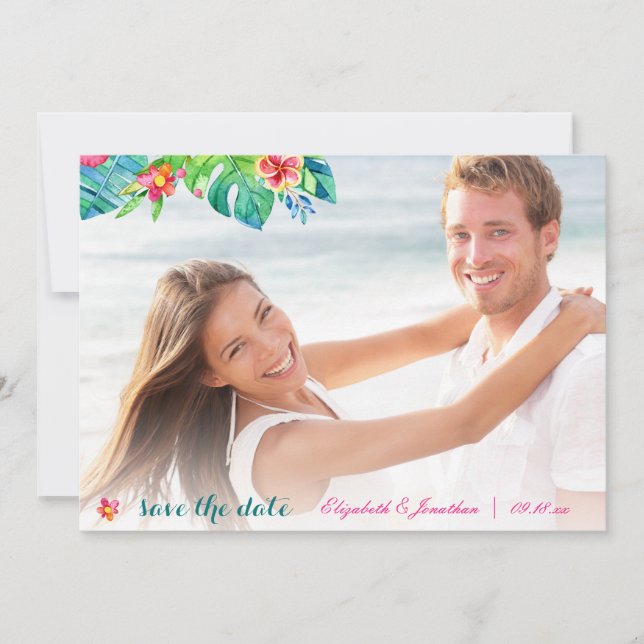 Foto Tropical Beach Berry Pink Aquamarin Floral Om Save The Date (Vorderseite)