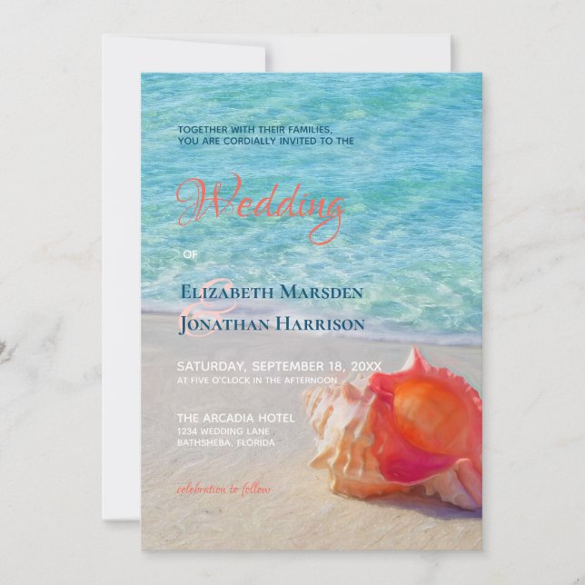 Foto Tropical Beach Conch Muschel Moderne Hochzeit Einladung (Vorderseite)