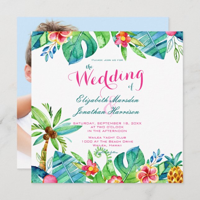 Foto Tropical Beach Hochzeit Rosa Aquamarine Blüte Einladung (Vorne/Hinten)