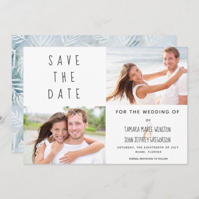 Foto Tropical Palm Blätter Save the Date blau Einladung (Vorne/Hinten)