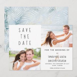 Foto Tropical Palm Blätter Save the Date blau Einladung