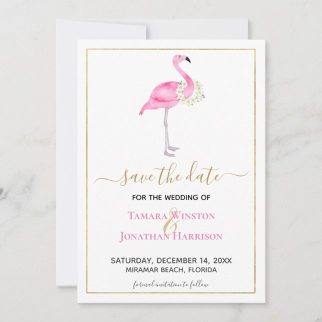Foto Tropical Pink Flamingo Magnolias Beach Save The Date (Vorderseite)
