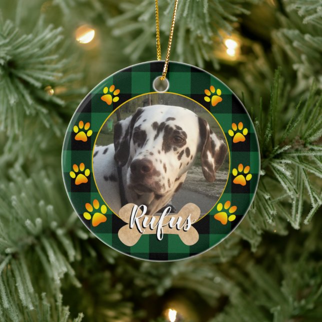 Foto und Knochen, Pfoten, Kariertes grünes Büffel Keramik Ornament (Baum)