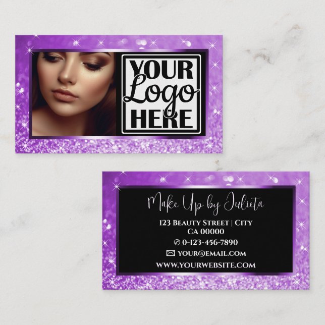Foto- und Logo-Vorlage Lilac Sparkle Glitzer Glam Visitenkarte (Vorne/Hinten)