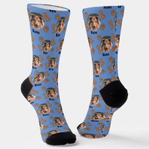 Foto und Name des Hundes, mit Knochen- und Paw-Dru Socken