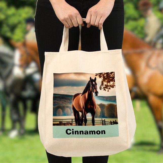 Foto und Name Ihres Pferdes Tragetasche (A stylish tote bag to customize with a favorite photo of your horse and their name)