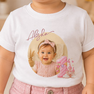 Foto- und Name Rosa Eins Schloss Geburtstag Baby-S Baby T-shirt
