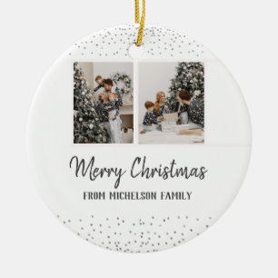 Foto und Name Weihnachten Confetti Silver Keramik Ornament