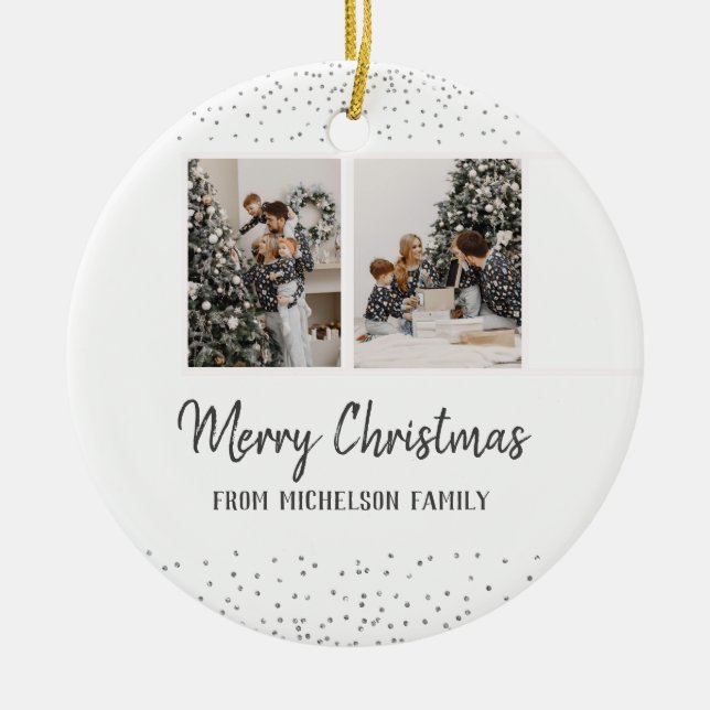 Foto und Name Weihnachten Confetti Silver Keramik Ornament (Vorne)
