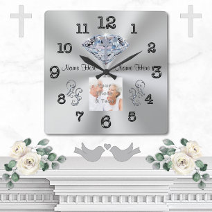 FOTO und NAMEN Kreuz in Diamant-Jubiläumsgeschenke Quadratische Wanduhr