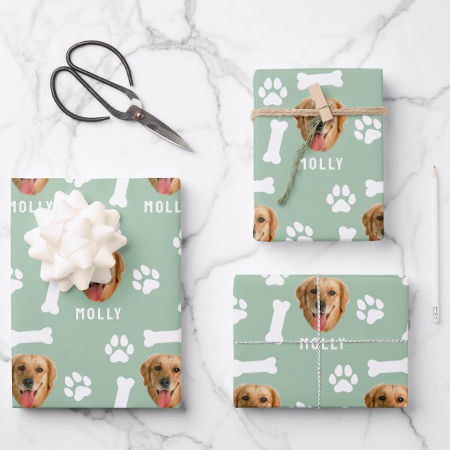 Foto- und Namenssage-Grün für Hunde Geschenkpapier Set (Vorderseite)