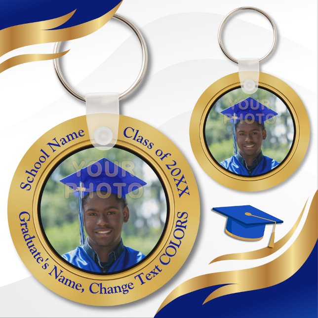 Foto- und Personalisiert-Graduationspartisten: Fav Schlüsselanhänger (Cheap graduation party favors personalized. Blue and Gold graduation party supplies. Grad Souvenirs.)