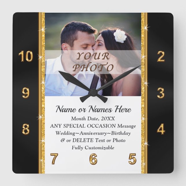 Foto und Personalisiert, Hochzeitsgeschenk an der  Quadratische Wanduhr (Vorderseite)