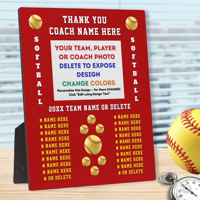 Foto- und personalisierte Softball-Trainer-Schilde Fotoplatte (Gift ideas for softball coaches. Personalized, softball coach plaques. Players names, softball photo)