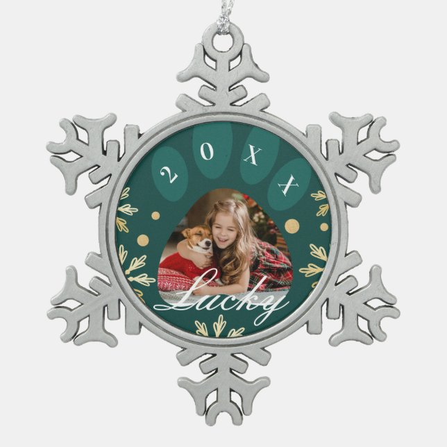 Foto und Schneeflocken Schneeflocken Zinn-Ornament (Vorderseite)