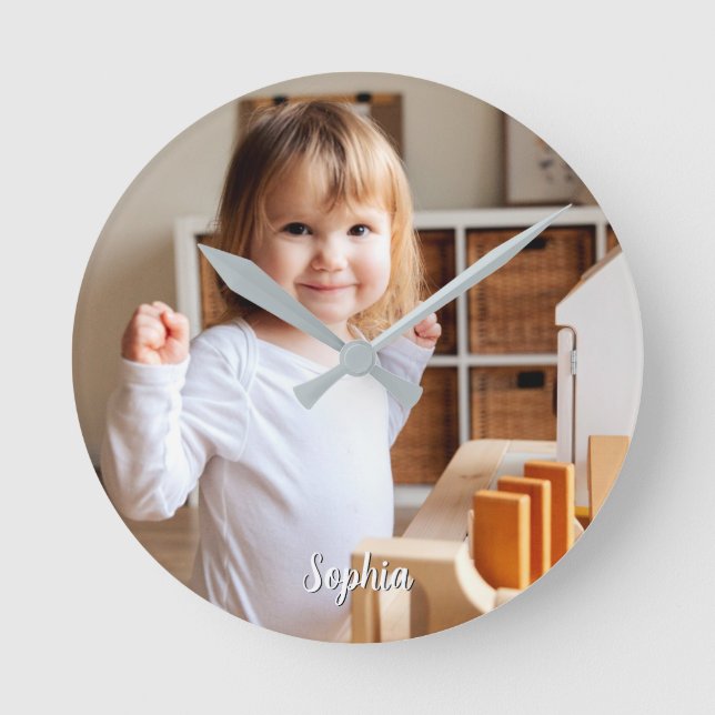 Foto und Skriptname Ihres Kindes Runde Wanduhr (Vorderseite)