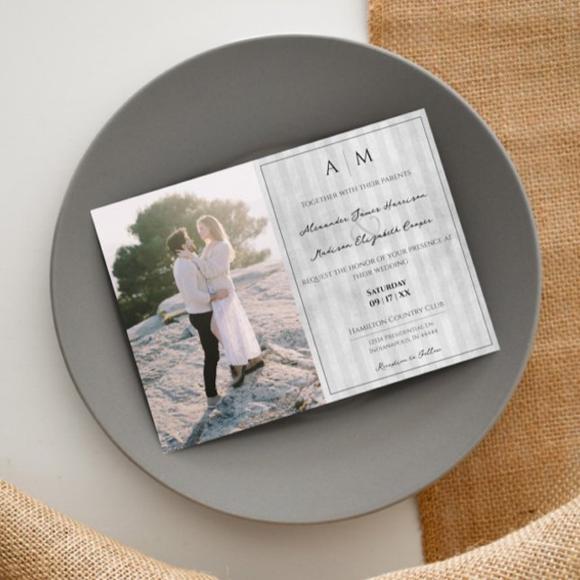 Foto und Vintage Streifen | Graue Hochzeit Einladung (Gray Photo and Vintage Stripes Wedding Invitation)