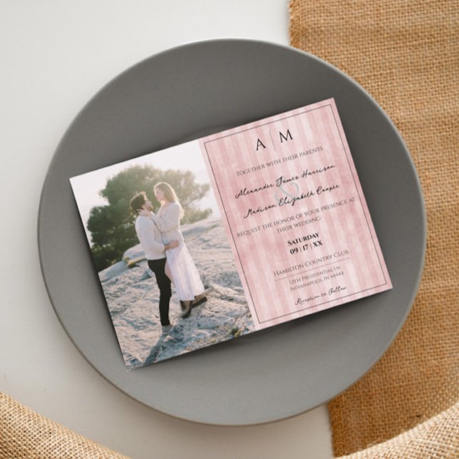 Foto und Vintage Streifen | Rosa Hochzeit Einladung (Pink Photo and Vintage Stripes Wedding Invitation)