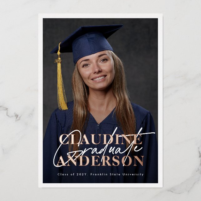 Foto Uni University Rose Gold Graduate Party Folieneinladung (Vorderseite)