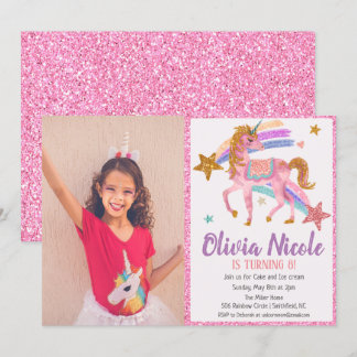 Foto Unicorn Glitzer Geburtstag Einladung