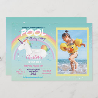 Foto Unicorn Pool Party Geburtstag Rainbow Float Einladung