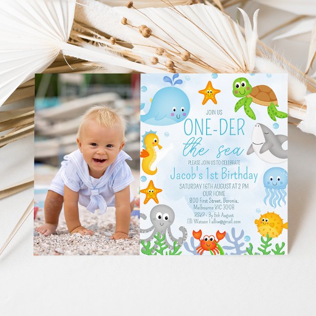 Foto unter dem Meer Eins an der Ostsee Einladung (Cute one-der the sea boys first birthday invitation featuring various cute sea creatures and seaweed)