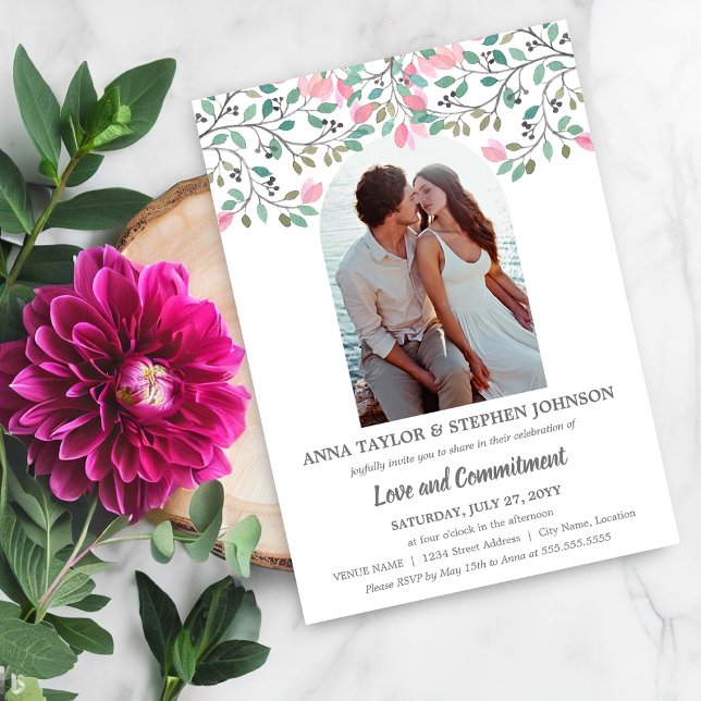 Foto-Verpflichtungserklärung für Wasserfarben Einladung (Elegant watercolor floral branch commitment ceremony invite front view.)
