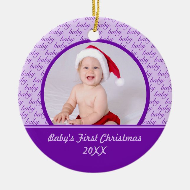 Foto-Verzierung des lila Babys erste Weihnachts Keramik Ornament (Vorne)