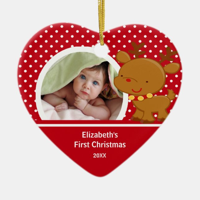 Foto-Verzierungs-Ren des Babys erstes Weihnachts Keramik Ornament (Vorne)