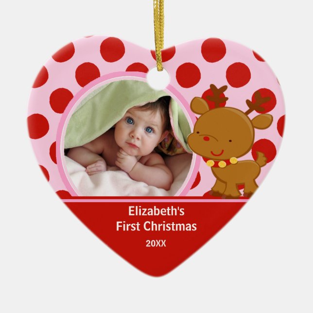 Foto-Verzierungs-Ren des Babys erstes Weihnachts Keramikornament (Vorne)