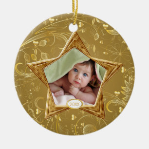 Foto-Verzierungs-Stern-Gold des Babys erstes Keramikornament