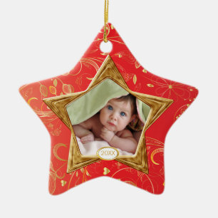Foto-Verzierungs-Stern-Rot des Babys erstes Keramik Ornament