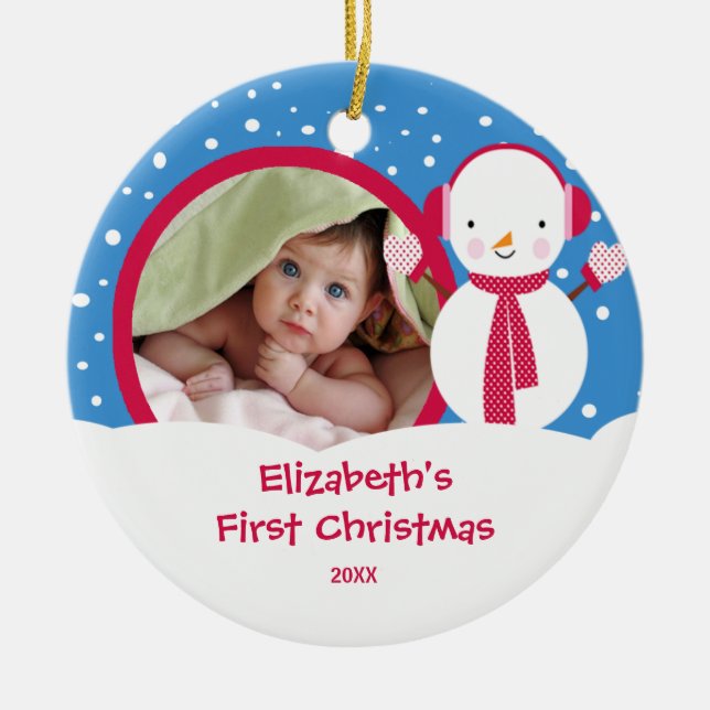 Foto-VerzierungSnowman des Babys erster Weihnachts Keramik Ornament (Vorne)