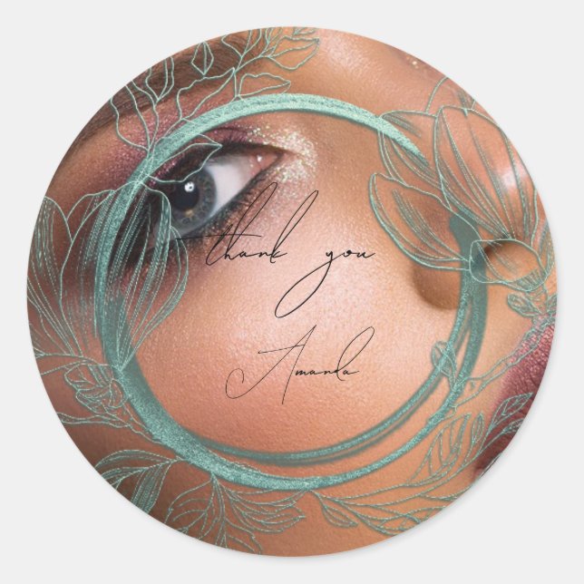 Foto Vielen Dank Name Magnolia Blumenrahmen Aquama Runder Aufkleber (Vorderseite)