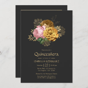 Foto Vintag Blush and Gold Floral Quinceñera Einladung
