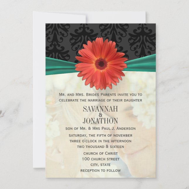 Foto Vintag Damask Emerald Gerber Daisy Wedding Einladung (Vorderseite)