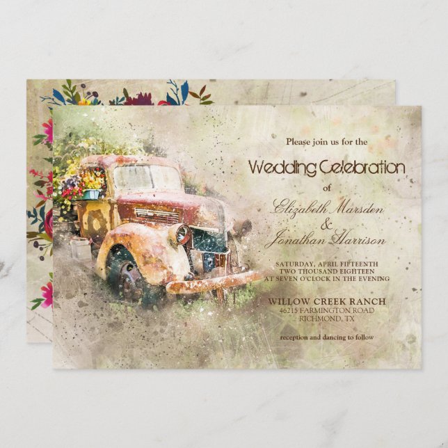 Foto Vintag Rustikale Alte LKW Trendy Wedding Einladung (Vorne/Hinten)