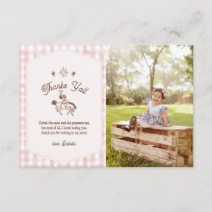 Foto Vintage Cowgirl Rodeo Gingham Mädchen Geburts Dankeskarte