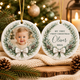 Foto vom Baby-Jungen zum 1. Weihnachten mit Bogen- Keramik Ornament