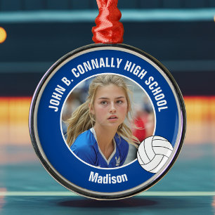 Foto von blauer Volleyballspielerin als Weihnachts Ornament Aus Metall