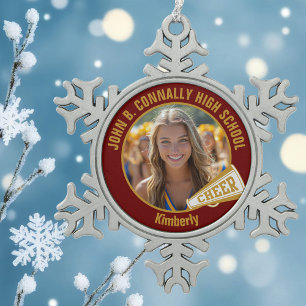 Foto von Cheerleader in Maroon Gold auf der High S Schneeflocken Zinn-Ornament