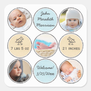 Foto von Collage Baby Boy Name, birth stats and du Quadratischer Aufkleber