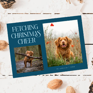 Foto von einem Hund, der Weihnachtsfreude holt in Feiertagskarte